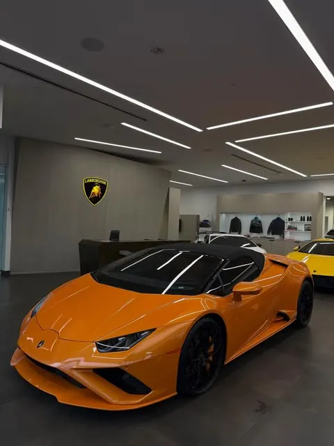Orange Lamborghini in the showroom